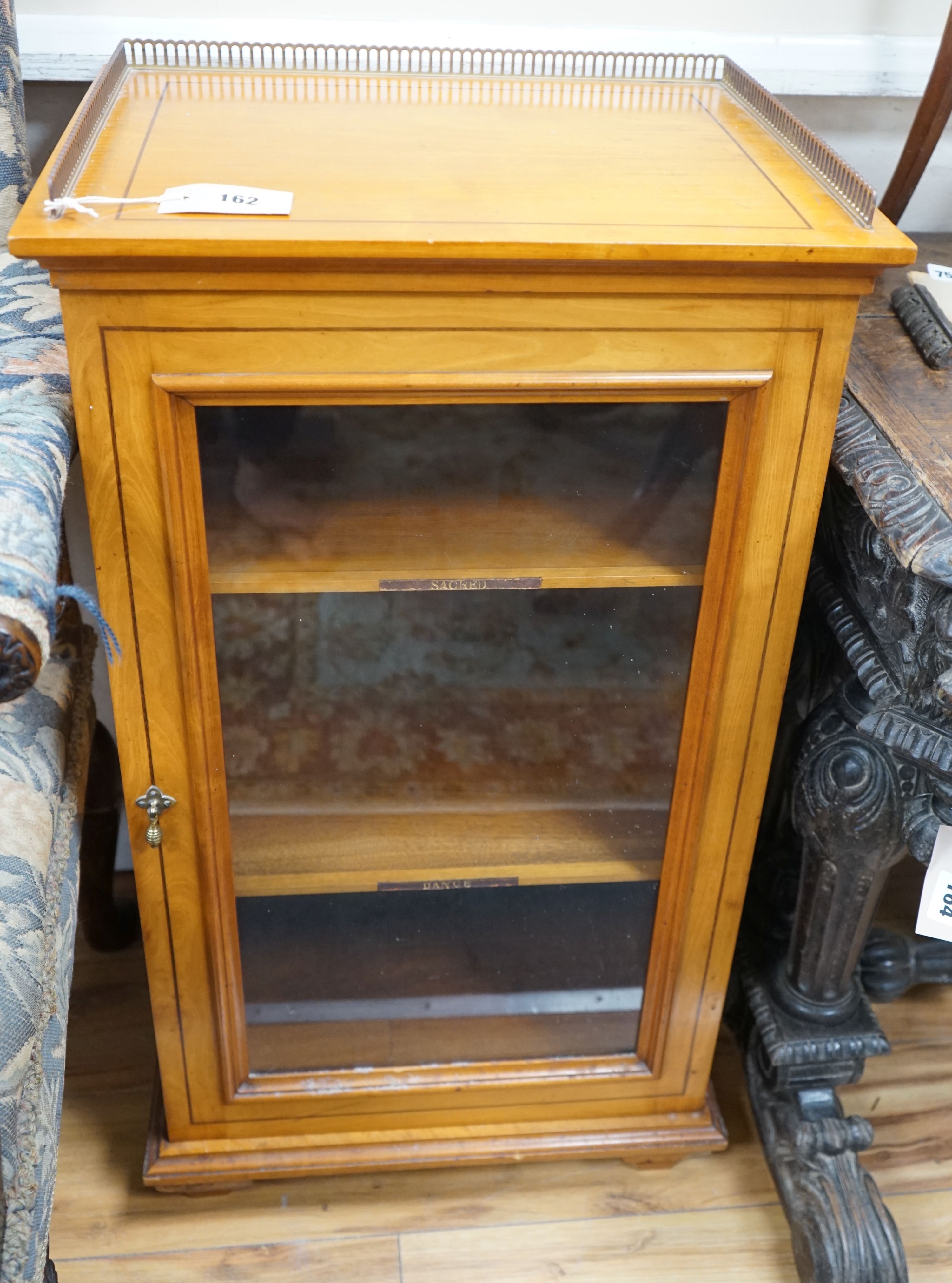 An Edwardian style satinwood sheet music cabinet, width 48cm, depth 38cm, height 85cm